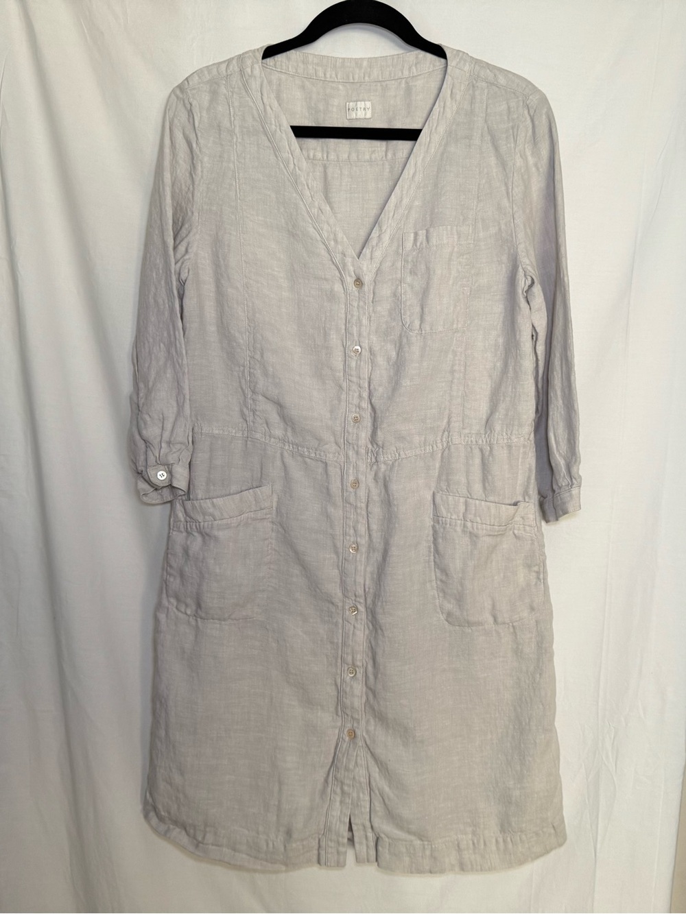 Poetry Garment-Dyed Linen Button Front Shirt Dress V-Neck Grey US 8 Lagenlook